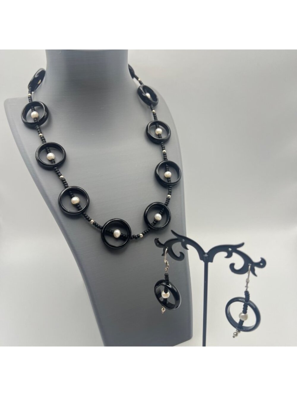 Black Onyx Freshwater Pearl Sterling Silver 18" Necklace 2.25" Earrings Set